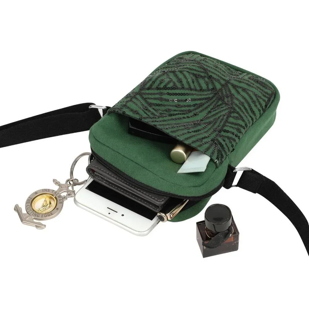 Canvas Crossbody Bag Girls Women Cotton Sequin Embroidery Compact Stylish